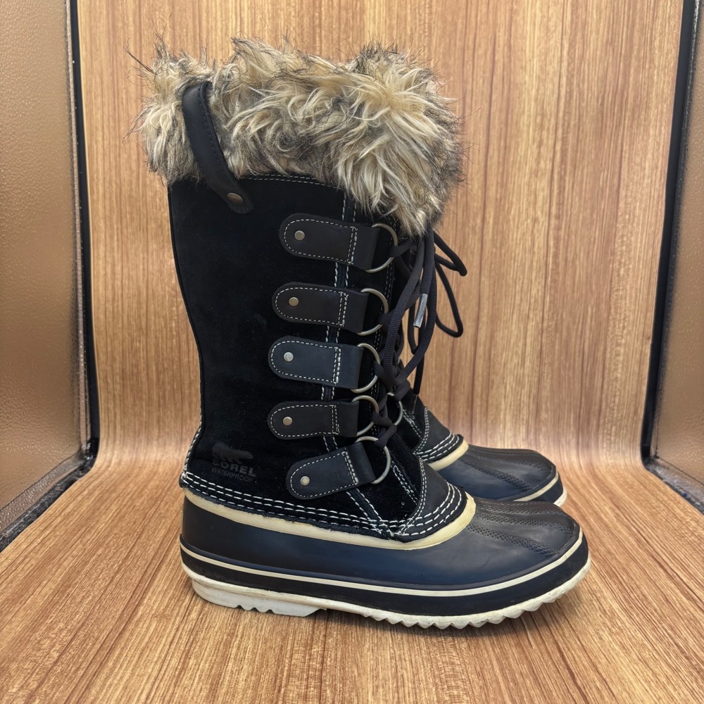 Sorel Joan of Arctic Boots Womens 8 Black Waterproof Faux Fur Snow NL1540-010